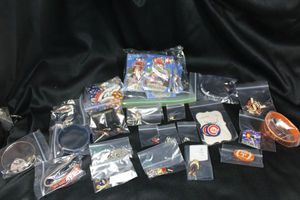 lot 254 image: Sports themed jewelry. Football earrings, ring, pendant, NBA Rocky pin, charm bracelets, Cubs earrings, charms, and more