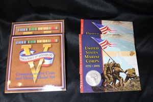 lot 401 image: Coins Commemorative - WW2 50th anniversary and US Marines coin and stamp