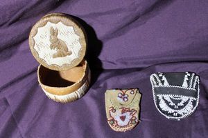 lot 183 image: Native American handmade beaded leather pouches and trinket box made from porcupine needles.