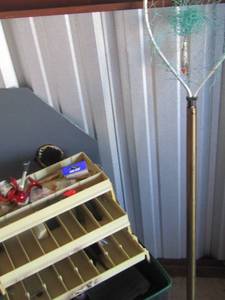 lot 39 image: Tackle box, with various fishing tackle- open face Shakesphere fishing reel- small fishing net