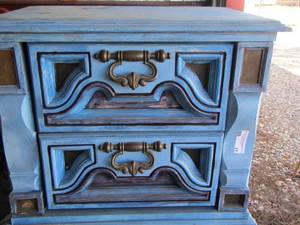 lot 77 image: Night stand 2 drawer multi color,   22x25x16  very sturdy needs repainted