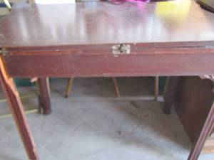 lot 96 image: Small dining table 2 side folds up down needs minor tlc- 312038 with side down- 314038 with side up