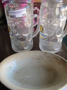 lot 103 image: Lowenbrau beer mugs qty 4, oval kitchen bowl