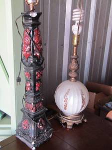 lot 114 image: table lamps with no shades qty 2, ceramic lamp has many small chips