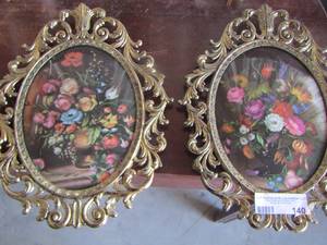 lot 140 image: 2  oval glass floral wall art- 1310