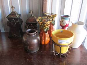 lot 154 image: Candle holders qty 2- vases, plant pot, crosses