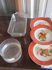 lot 156 image: Neiman Marcus Santa plates qty 3- Anchor bread pan- bowl