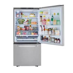 lot 1 image: LG 25.50 cu. ft. Bottom Freezer Refrigerator in Stainless Steel with Filtered Ice and Smart Cooling LRDCS2603S00 - In Condition As Shown - Retails New $1,600