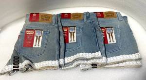 lot 17 image: Lot of 3 - New WTags Levis Girls Youth Denim Girlfriend Short Pants Light BlueWhite Knitted Lower Design WAdjustable Waistband & Stretch - Size 1416 - As Shown - Retails $126