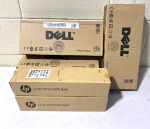 lot 123 image: Lot of 6 - New Dell & HP USB Soundbars - Monitor Mounting Bar - As Shown