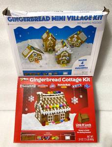 lot 143 image: Lot Of 2 - New Bee Gingerbread Cottage & Mini Village Kits - As Shown