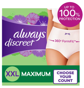 lot 144 image: New Open Package - Always Discreet Adult Incontinence Underwear for Women, Size XXL, 22 CT - As Shown