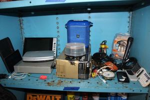 lot 55 image: Electronics blue wireless speaker, microphone and cable, DVD players