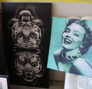 lot 74 image: Canvas wall art Tiger and Marilyn Monroe