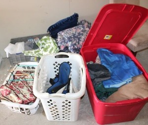 lot 93 image: Bed linens, comforters, foot brace, hangers