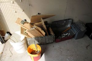 lot 98 image: Misc. hardware (locking casters still attched to wood parts), Toolbox, file holder, desk lamp