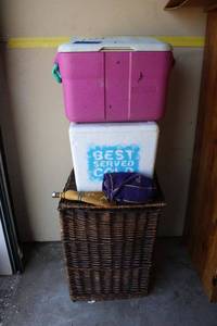 lot 80 image: Wicker laundry bin, Coolers, Royal Crown bags