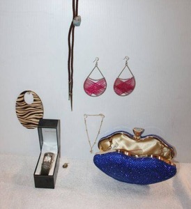 lot 151 image: Fashion Jewelry, watch bracelet and blue lips clutch bag