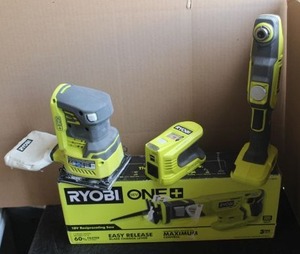 lot 3 image: Ryobi Power Tools, Including Angle Impact Drill, Sander, Factory Sealed Reciprocating Saw, and A Battery Inverter