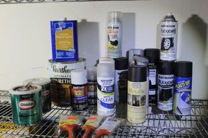 lot 33 image: Selection of Spray Paint, 2 Pints Eggshell, Gallon of Polyurethane Clear Coat and More