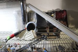 lot 71 image: Bathroom Items, Suction Cup Soap Holder, and Suction Cup Hook, Toilet Paper Holder (Holds 2 rolls) Privacy Window Shade and Rubbermaid Scrubbing Brush with Exra Head for cleaning grout.