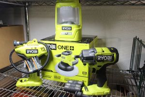 lot 54 image: SIP Appears Unused Ryobi One, 10 orbital buffer, Impact Driver and Sockets, Air pump, and Light, Tools Only No Battery or charger