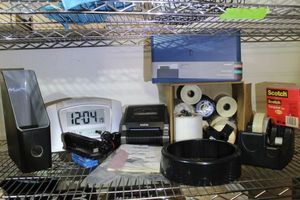 lot 80 image: Brother P-Touch QL1050 Thermal Label Printer with Extra Rolls, Acca CCD Barcode Reader, Sharp Atomic Clock, PaperMagazine Holder and Tape with Dispenser