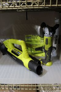 lot 240 image: Ryobi 18V Blower, 4 CutterGrinder, and power inverter (unused).. Battery or charger not included