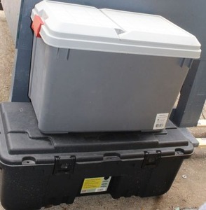 lot 203 image: Heavy Duty Storage Trunk with holes for padlocks and a file Size Trunk that also can be locked.