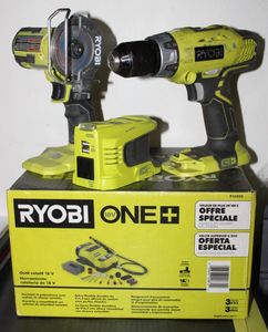lot 108 image: Factory Sealed Ryobi One Rotary Tool Kit, Drill, Brushless Cordless Compact Cut-Off Tool and A Power Inverter