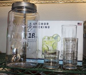 lot 193 image: Replica Mason Jar Drink Dispenser and Full unused Anchor Hocking 16 pc Set of Glassware