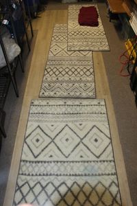 lot 215 image: Three Piece Area and runner Rugs 45.5x30, 71x24 and Sheet Set California King