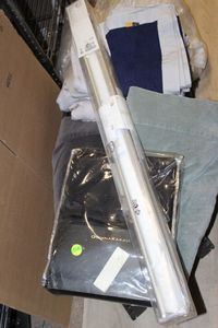 lot 222 image: Window Shade (unused) Curtains, Queen size Bed skirt and Queen Sheets