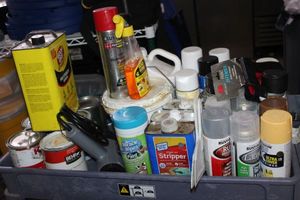 lot 235 image: Large Quantity of Spray Paint, Thinners and Cleaners, House Hold Paint Cans Goo Off and a Heat Gun