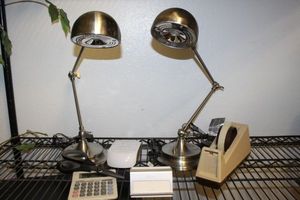 lot 379 image: Office Items, Including 2 Adjustable Metal Desk Lamps, 360 Surge protector, a J5 Create USB Hub, SD Adapter and More.