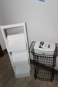 lot 459 image: Two Small Shelves.. White Wooden and Black Wire, along with Adult Wipes Dispenser