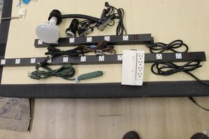 lot 474 image: Long Power Strips, Surge Protector, Extention Cords, and 2 Clip-on Lights