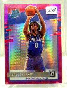 lot 214 image: RISING STAR ROOKIE - 2020-21 Optic Tyrese Maxey PINK HYPER RC #171