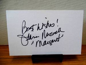 lot 68 image: AUTHENTIC AUTOGRAPHED DENNIS THE MENACE STAR MARGARET JEANIE RUSSELL SIGNED INDEX CARD WITH INSCRIPTION