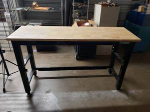 lot 66 image: Nice & Practically New Husky Adjustable Height Butcherblock Top Workbench.  Top Measures 72 x 24
