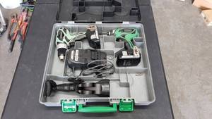 lot 4 image: Hitachi 18v Lithium Ion 4 Piece Set.  Includes Drill (Model DS18DSAL), Impact Driver (Model WH18DSAL), Flashlight (Model UB18DAL), Battery Charger (Model UC18YGSL)& 2 Batteries