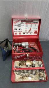 lot 19 image: Milwaukee 12 Magnum Hammer Drill w Steel Case, Drill Bits, Hole Saws & Much MORE