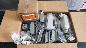 lot 120 image: Box of Conduit Body Elbow Assemblies & More