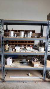 lot 146 image: Metal Shelf w Contents.  Adjustable Shelving.  BUYER MUST TAKE ALL  Shelf Measures 6 x 4 x 2