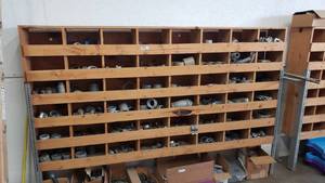 lot 158 image: Wooden 48-Bin Storage Organizer.  Contents Not Inclued.  Measures 98 x 65 x 12