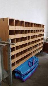 lot 160 image: Wooden 48-Bin Storage Organizer.  Contents Not Inclued.  Measures 98 x 65 x 12