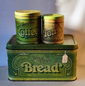 lot 9 image: VINTAGE WHEAT HEART KITCHEN TIN COLLECTION $$