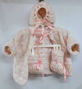 lot 165 image: VINTAGE CROCHETED BABY HAT, BOOTIES AND JACKET