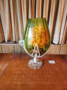lot 263 image: Green glass vase with wrought iron base