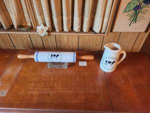 lot 269 image: Santa Ana crock shop small pitcher and rolling pin